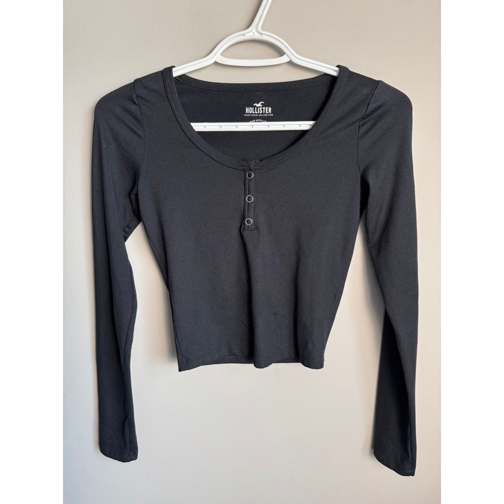 Hollister Must-Have Collection Henley Top Womens XXS Black Basic Casual Y2K